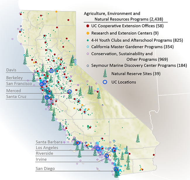 map of UC agriculture, environment and natural resources programs, and UC natural reserve sites, Spring 2017