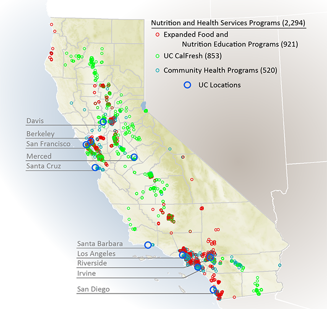 map of UC nutrition and health programs, Spring 2017