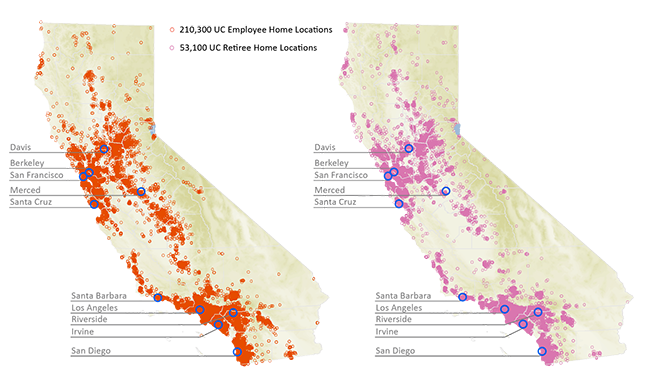 map of faculty, academic and staff employees in 2016 and map of retirees in 2017, all in California
