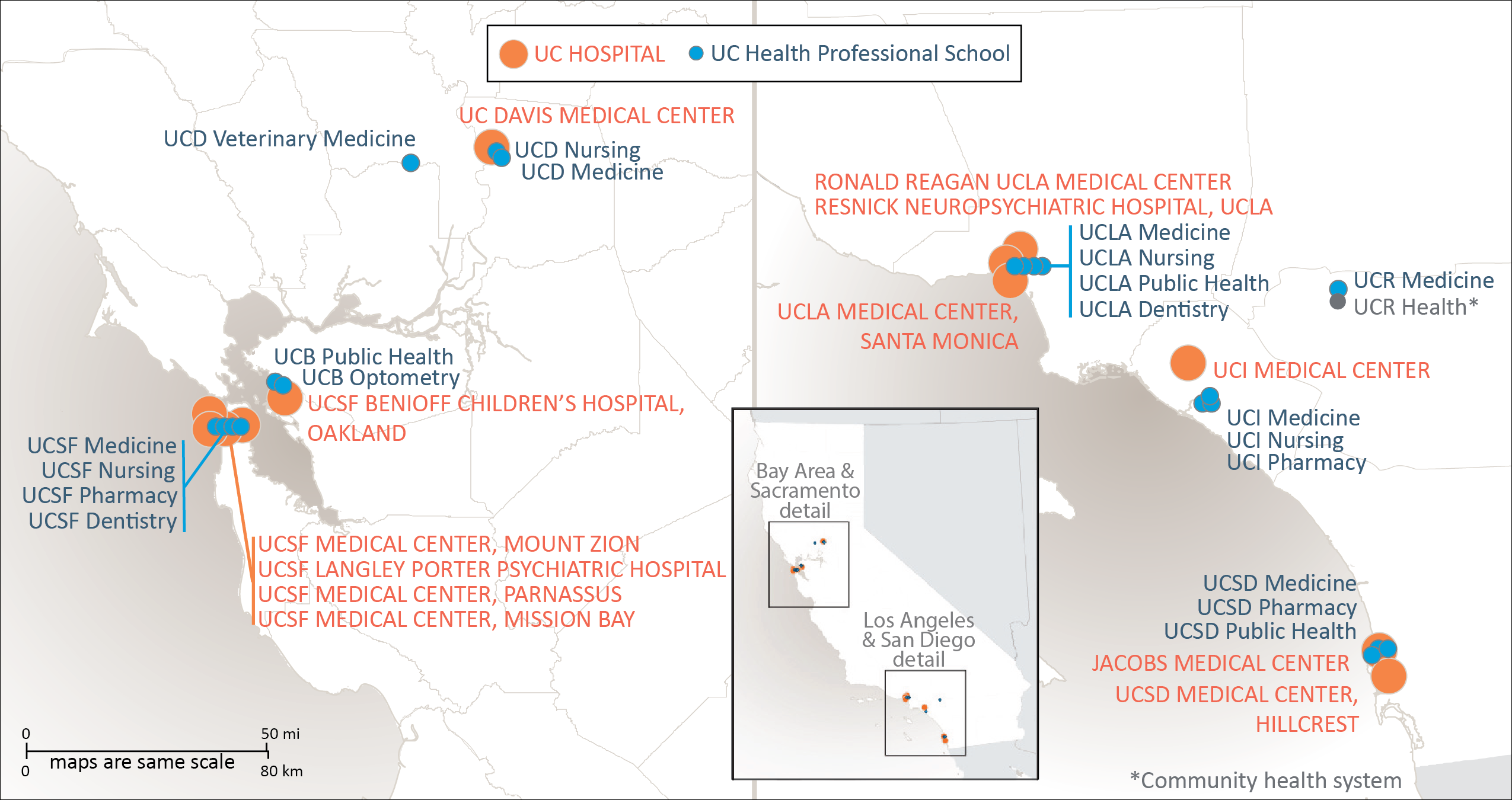 map of locations of UC hospitals and medical schools