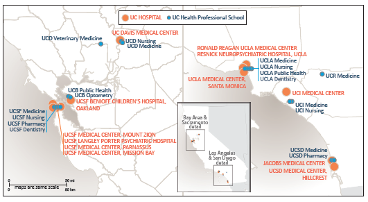 Map of UC Hospitals and UC Health Professional Schools