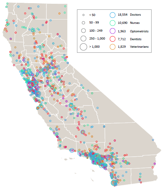 Location of doctors, nurses, dentists, optometrists and veterinarians trained by UC since 1999 and currently licensed in California