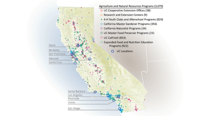 map of UC agriculture, environment and natural resources programs, and UC natural reserve sites, Spring 2017