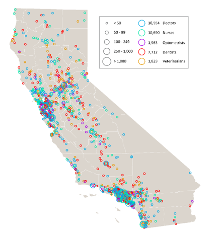 Location of doctors, nurses, dentists, optometrists, and veterinarians trained by UC since 1999 and currently licensed in California.