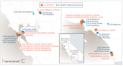 maps of UC hospitals and UC health professional schools