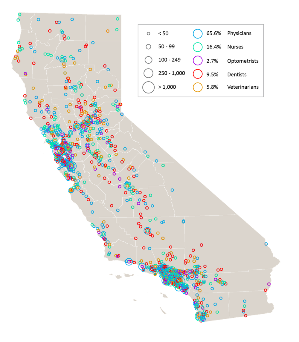 California map showing locations of UC-trained physicians, nurses, dentists, optometrists, and veterinarians