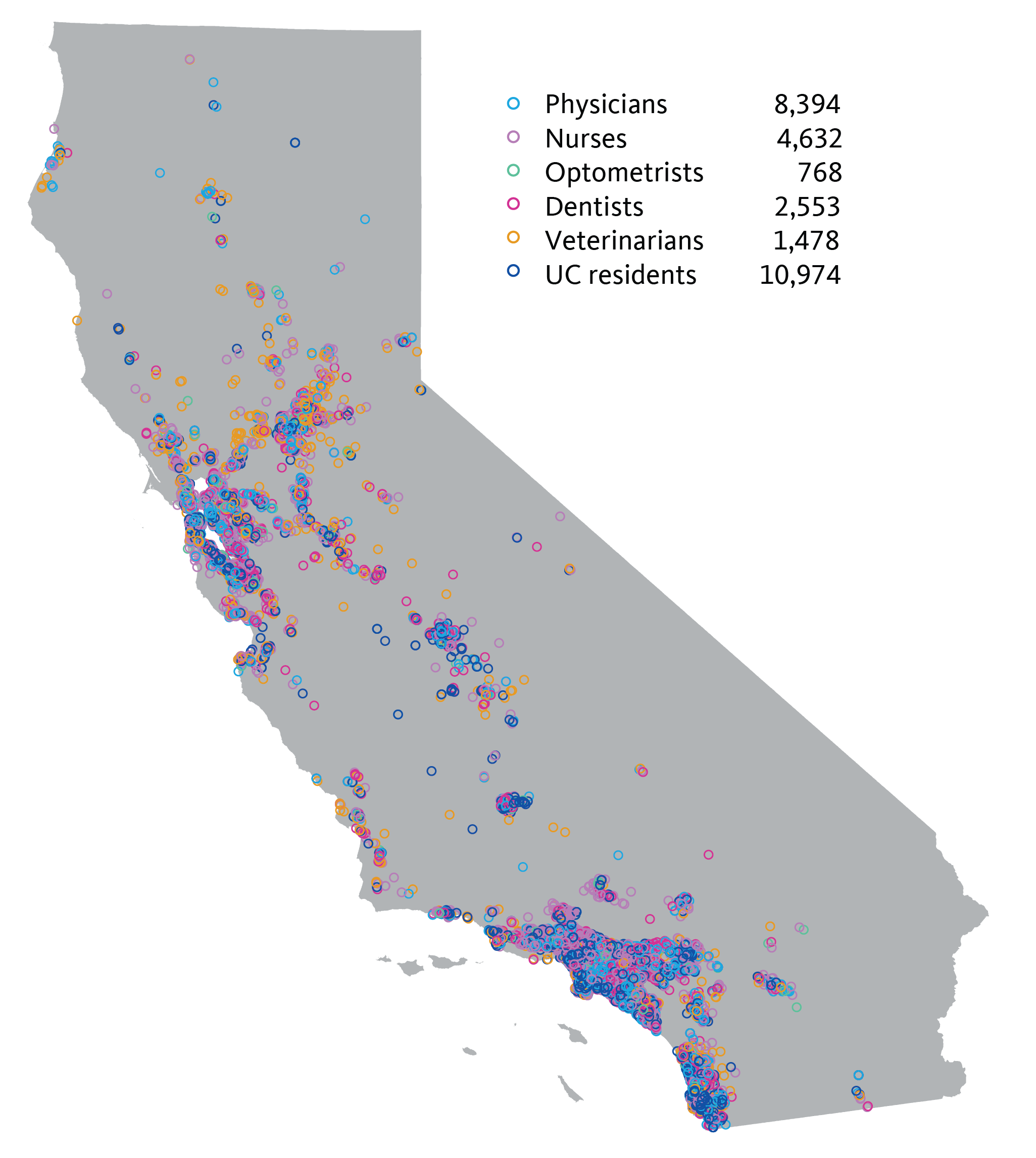 Location of 28,799 physicians, nurses, optometrists, dentists, veterinarians, and UC medical residents trained by UC