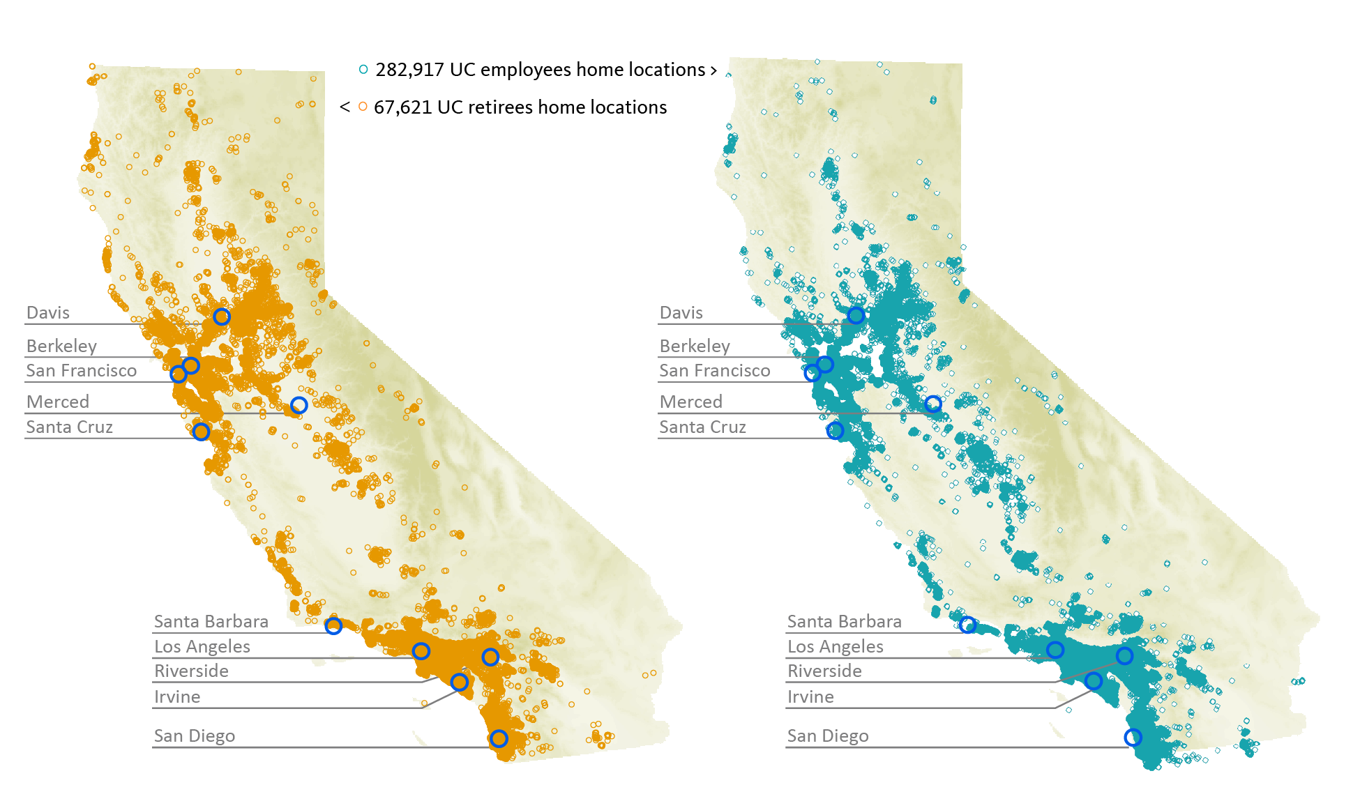 two maps showing California resident retiree beneficiaries and faculty, academics, and staff employees