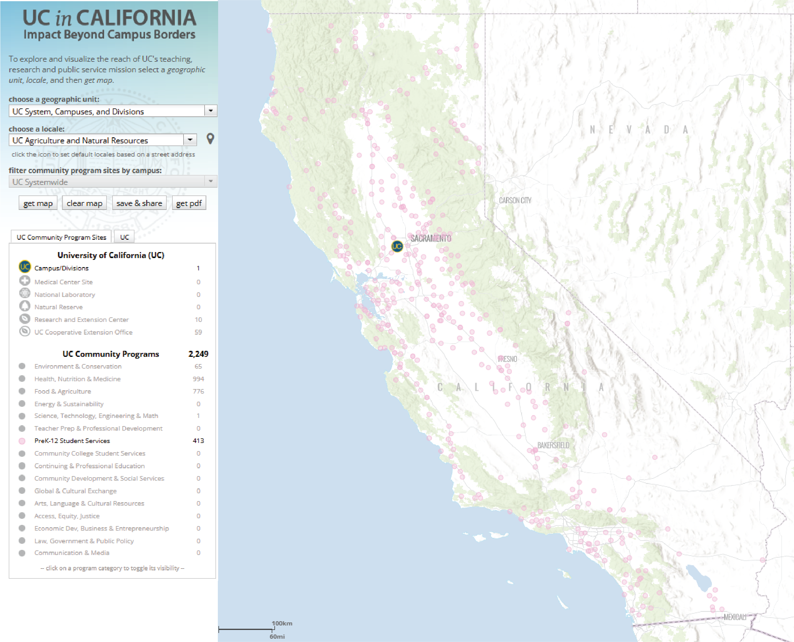 California map showing UC Agriculture and Natural Resources: 4-H Youth Development program sites