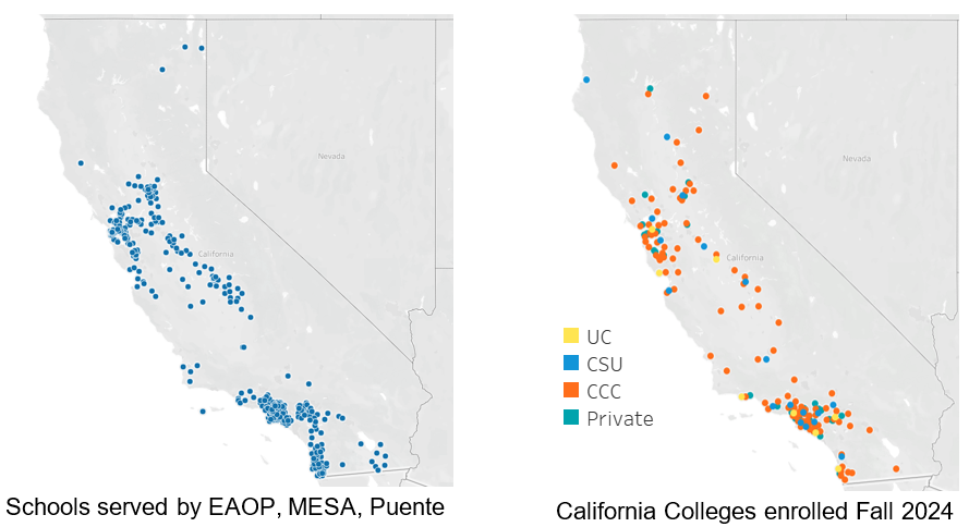 California maps showing Graduate, Undergraduate and Equity Affairs programs: K-12 outreach programs