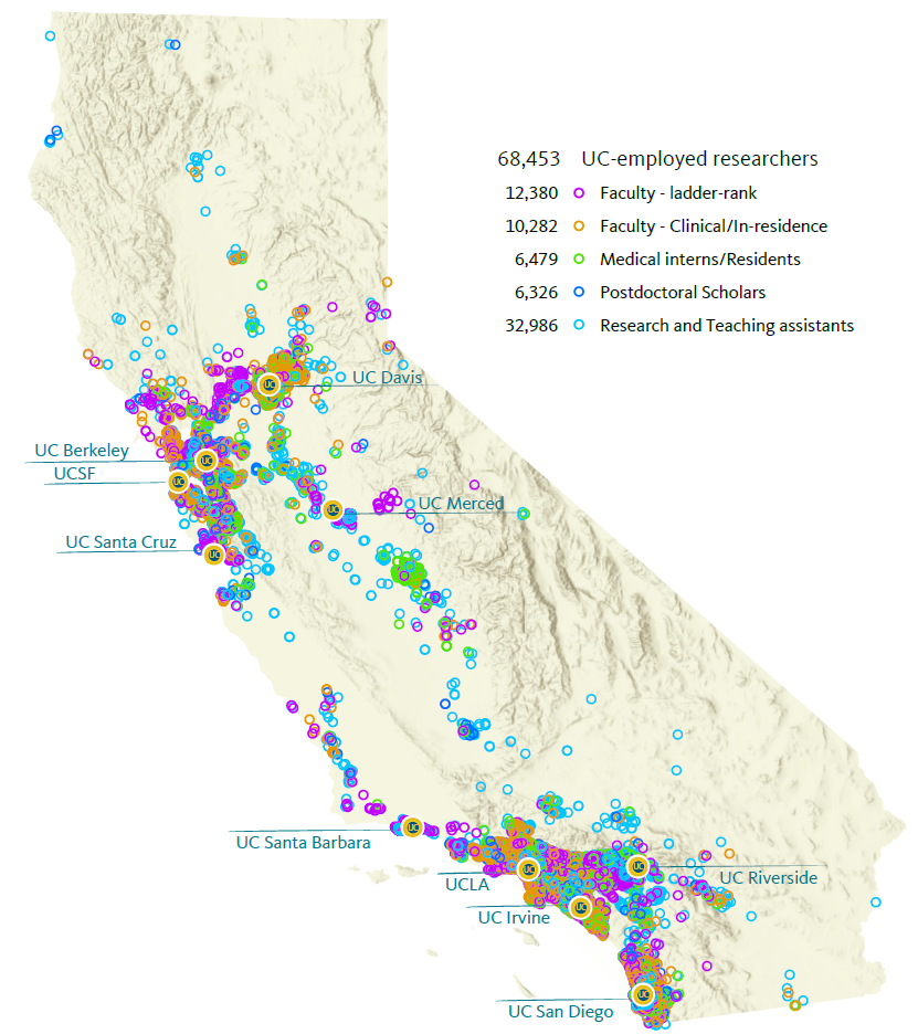 map showing UC researcher locations in California
