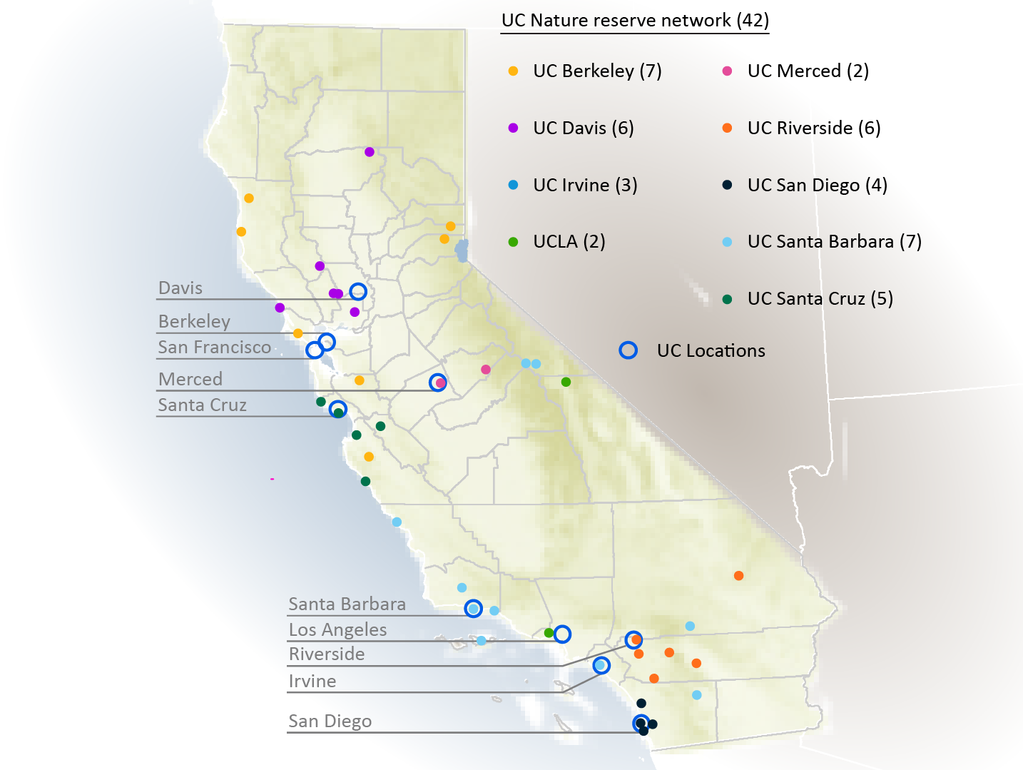 California map showing UC Nature locations and campus affiliation